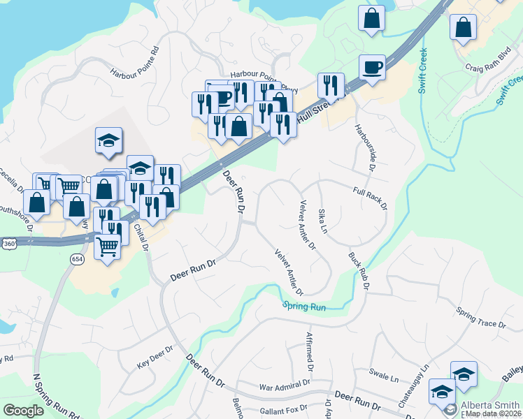 map of restaurants, bars, coffee shops, grocery stores, and more near 7611 Velvet Antler Drive in Midlothian