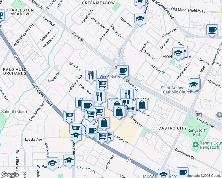 map of restaurants, bars, coffee shops, grocery stores, and more near 2580 California Street in Mountain View