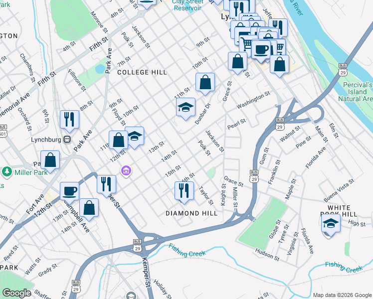 map of restaurants, bars, coffee shops, grocery stores, and more near 1407 Monroe Street in Lynchburg