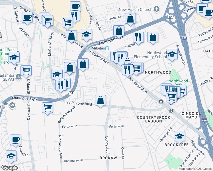 map of restaurants, bars, coffee shops, grocery stores, and more near 505 Sage Court in Milpitas