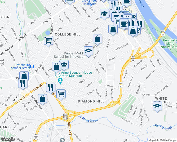 map of restaurants, bars, coffee shops, grocery stores, and more near 1407 Monroe Street in Lynchburg