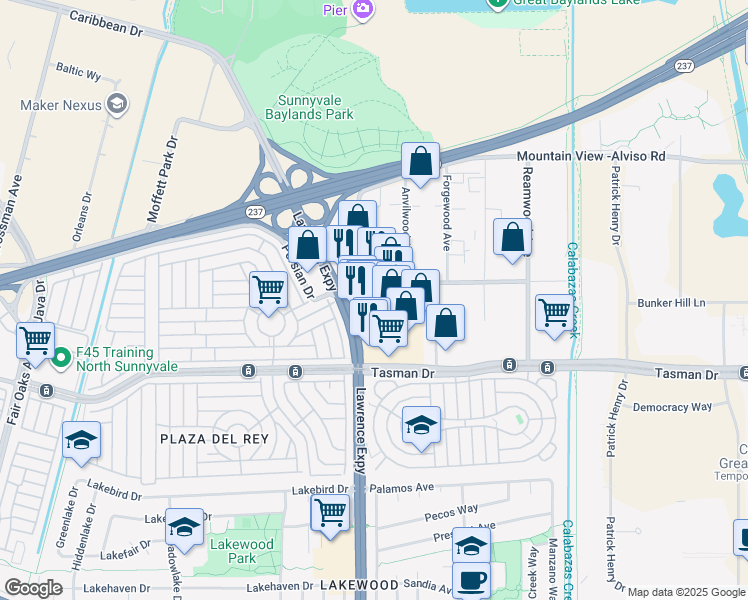 map of restaurants, bars, coffee shops, grocery stores, and more near 1201-1299 Alderwood Ave in Sunnyvale