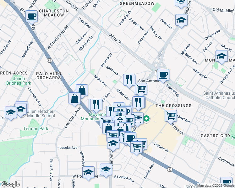 map of restaurants, bars, coffee shops, grocery stores, and more near 2655 Miller Avenue in Mountain View