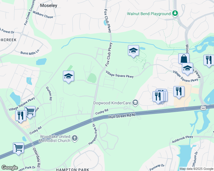 map of restaurants, bars, coffee shops, grocery stores, and more near 15300 Cosby Road in Chesterfield