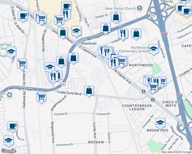 map of restaurants, bars, coffee shops, grocery stores, and more near 1901 Tarob Court in Milpitas