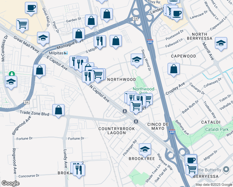 map of restaurants, bars, coffee shops, grocery stores, and more near 2158 Capitol Park Court in San Jose
