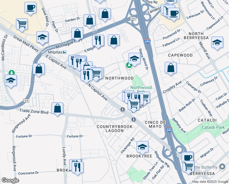 map of restaurants, bars, coffee shops, grocery stores, and more near 2158 Capitol Park Court in San Jose