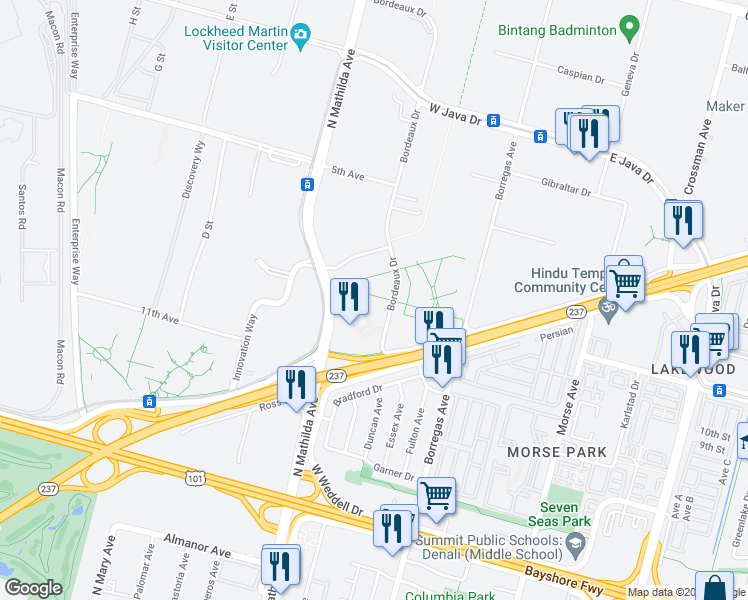map of restaurants, bars, coffee shops, grocery stores, and more near 1153 Bordeaux Drive in Sunnyvale