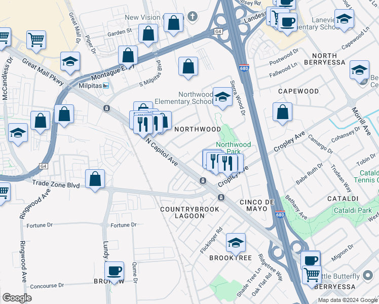 map of restaurants, bars, coffee shops, grocery stores, and more near 2158 Capitol Park Court in San Jose