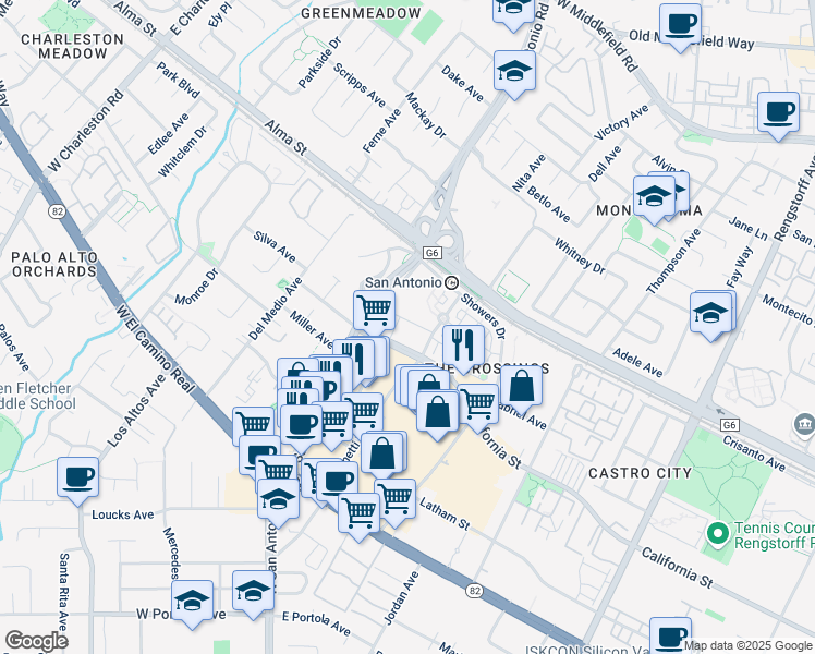 map of restaurants, bars, coffee shops, grocery stores, and more near 2580 California Street in Mountain View