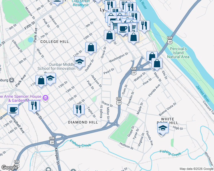 map of restaurants, bars, coffee shops, grocery stores, and more near 1815 Vine Street in Lynchburg
