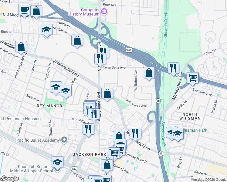 map of restaurants, bars, coffee shops, grocery stores, and more near 871 Linda Vista Avenue in Mountain View