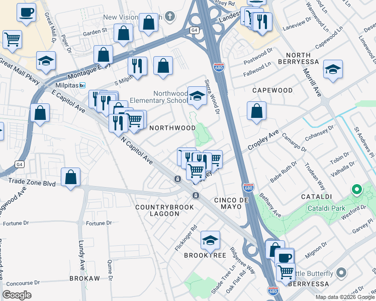 map of restaurants, bars, coffee shops, grocery stores, and more near 2664 Autumnvale Drive in San Jose
