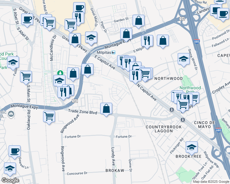 map of restaurants, bars, coffee shops, grocery stores, and more near 1901 Tarob Court in Milpitas