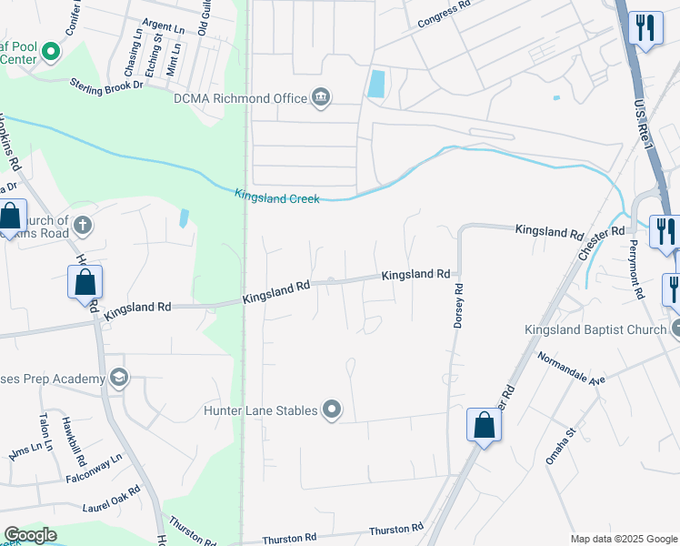 map of restaurants, bars, coffee shops, grocery stores, and more near 3430 Kingsland Road in Richmond
