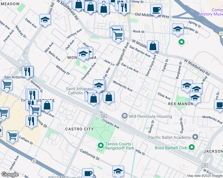 map of restaurants, bars, coffee shops, grocery stores, and more near 201 North Rengstorff Avenue in Mountain View