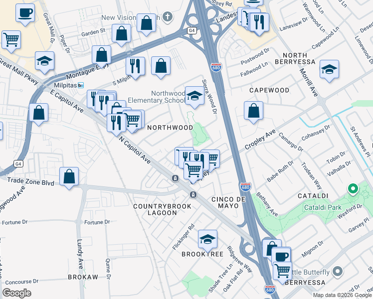 map of restaurants, bars, coffee shops, grocery stores, and more near 2664 Autumnvale Drive in San Jose