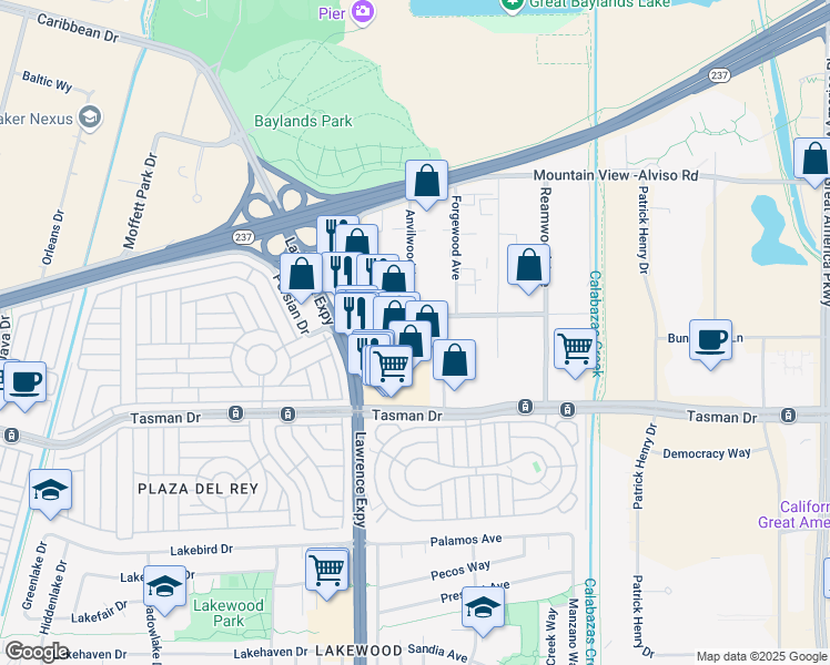 map of restaurants, bars, coffee shops, grocery stores, and more near 1150 Elko Drive in Sunnyvale