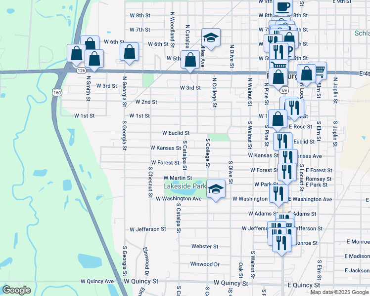 map of restaurants, bars, coffee shops, grocery stores, and more near West Kansas Street in Pittsburg