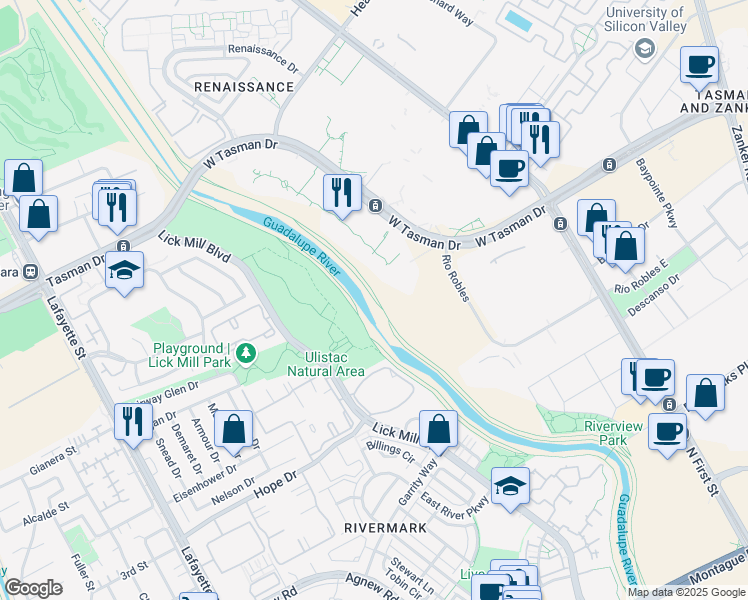 map of restaurants, bars, coffee shops, grocery stores, and more near Guadalupe River Trail in San Jose