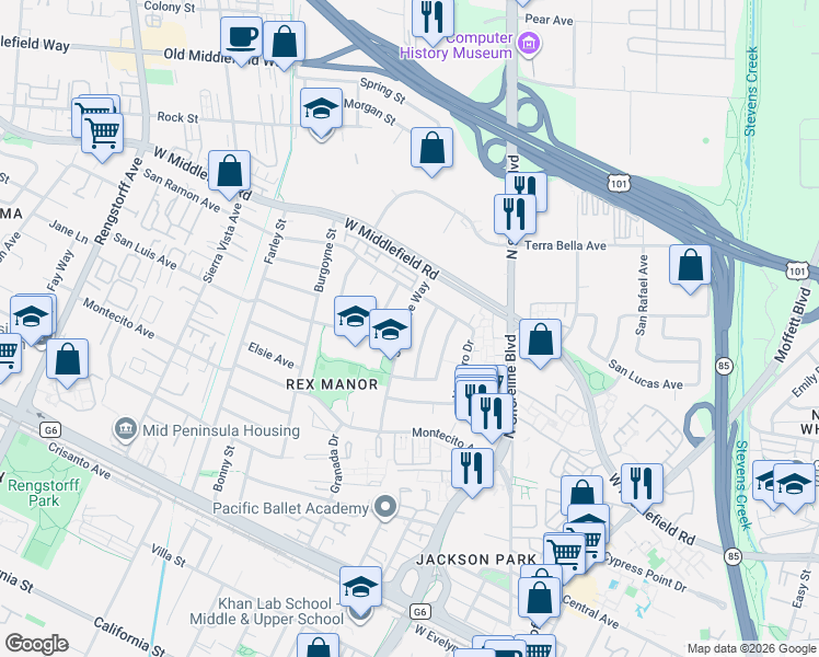 map of restaurants, bars, coffee shops, grocery stores, and more near 910 San Clemente Way in Mountain View
