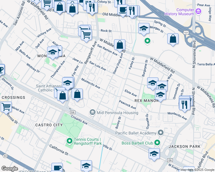 map of restaurants, bars, coffee shops, grocery stores, and more near 1926 Montecito Avenue in Mountain View