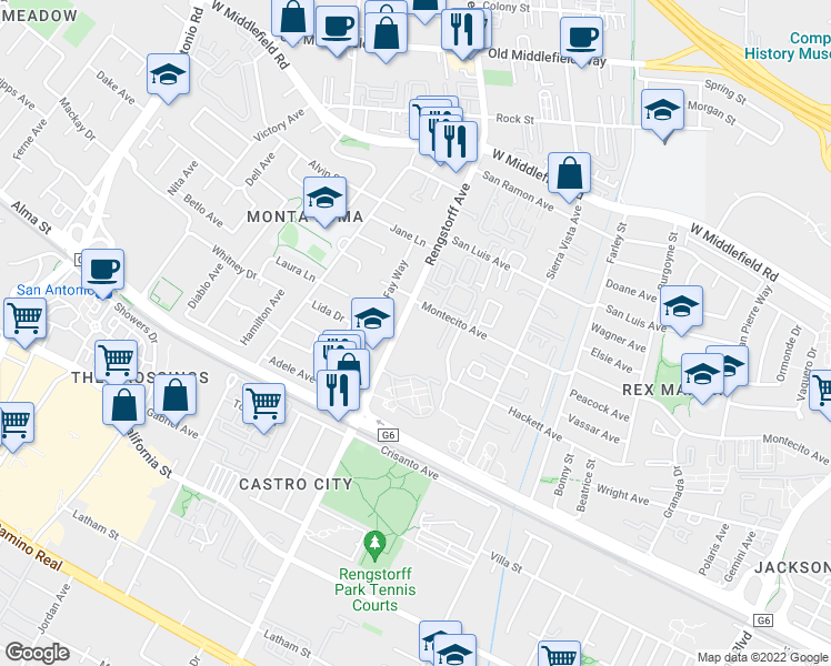 map of restaurants, bars, coffee shops, grocery stores, and more near 201 North Rengstorff Avenue in Mountain View