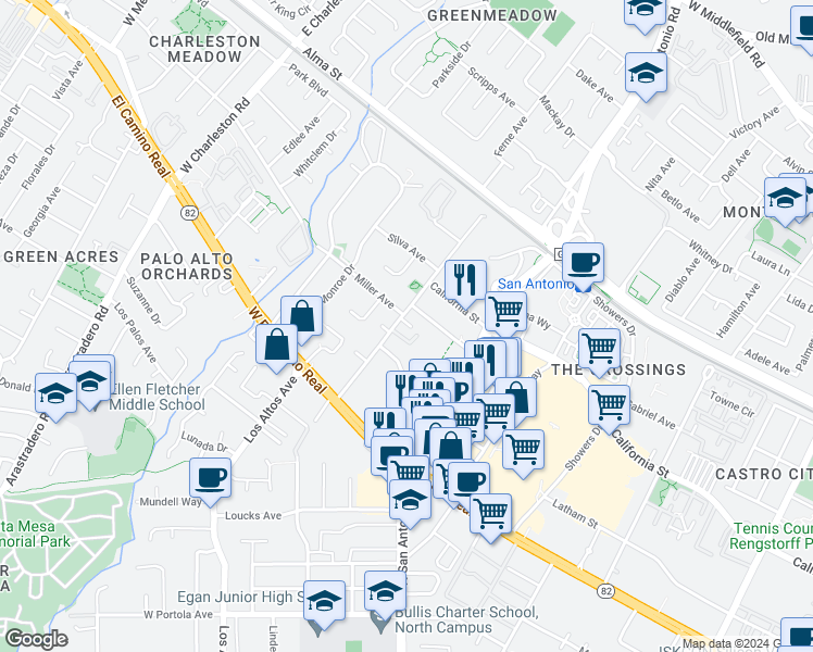 map of restaurants, bars, coffee shops, grocery stores, and more near 2655 Miller Avenue in Mountain View