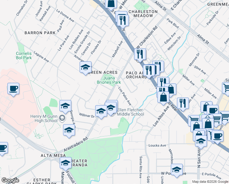 map of restaurants, bars, coffee shops, grocery stores, and more near 632 Fairmede Avenue in Palo Alto