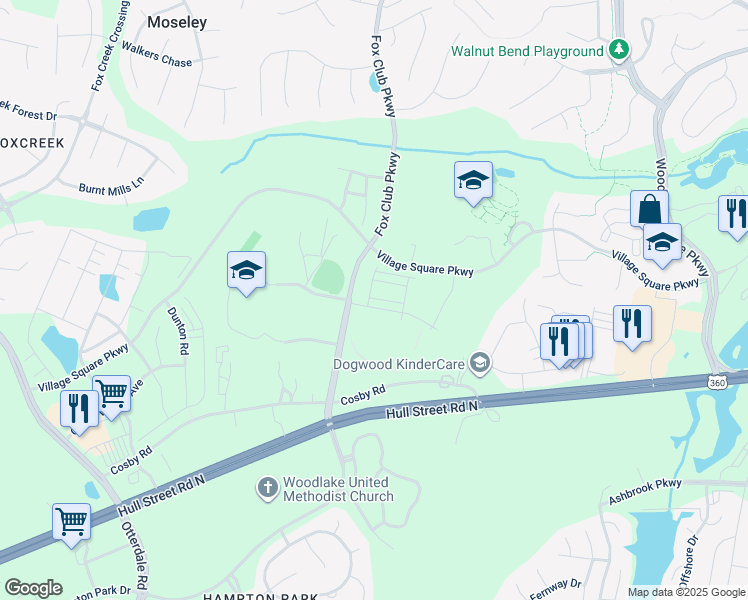 map of restaurants, bars, coffee shops, grocery stores, and more near 15300 Cosby Road in Chesterfield