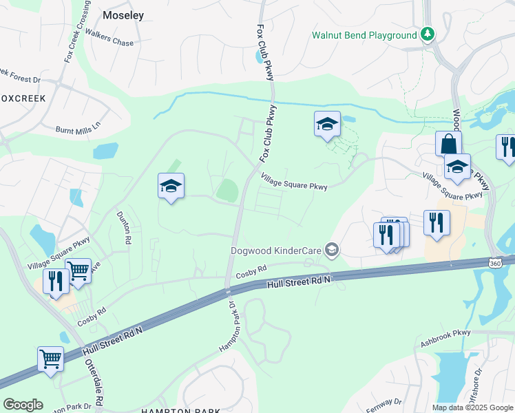map of restaurants, bars, coffee shops, grocery stores, and more near 15300 Cosby Road in Chesterfield