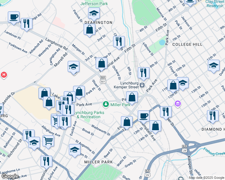 map of restaurants, bars, coffee shops, grocery stores, and more near 2926 Langhorne Road in Lynchburg
