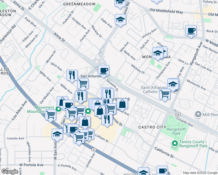 map of restaurants, bars, coffee shops, grocery stores, and more near 106 Whits Road in Mountain View