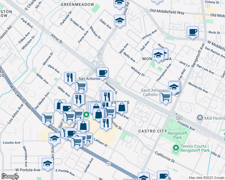 map of restaurants, bars, coffee shops, grocery stores, and more near 132 Alley Way in Mountain View