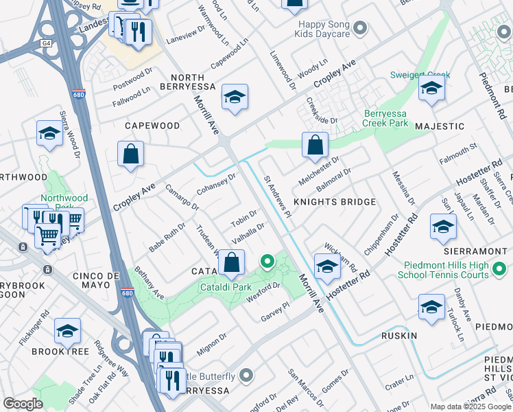 map of restaurants, bars, coffee shops, grocery stores, and more near 2997 Tobin Drive in San Jose