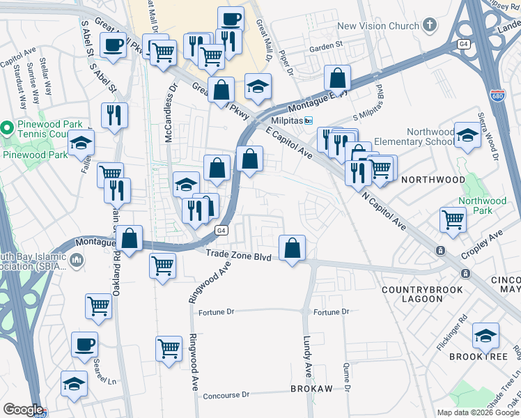 map of restaurants, bars, coffee shops, grocery stores, and more near 355 Expedition Lane in Milpitas