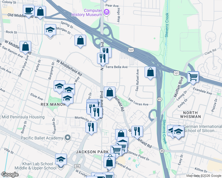 map of restaurants, bars, coffee shops, grocery stores, and more near in Mountain View