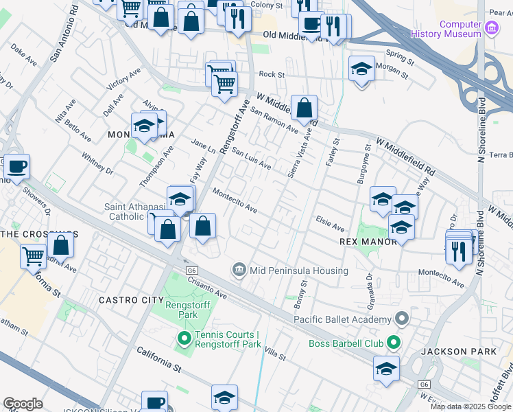 map of restaurants, bars, coffee shops, grocery stores, and more near 1956 Montecito Avenue in Mountain View