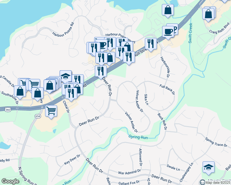 map of restaurants, bars, coffee shops, grocery stores, and more near 7606 Velvet Antler Drive in Midlothian