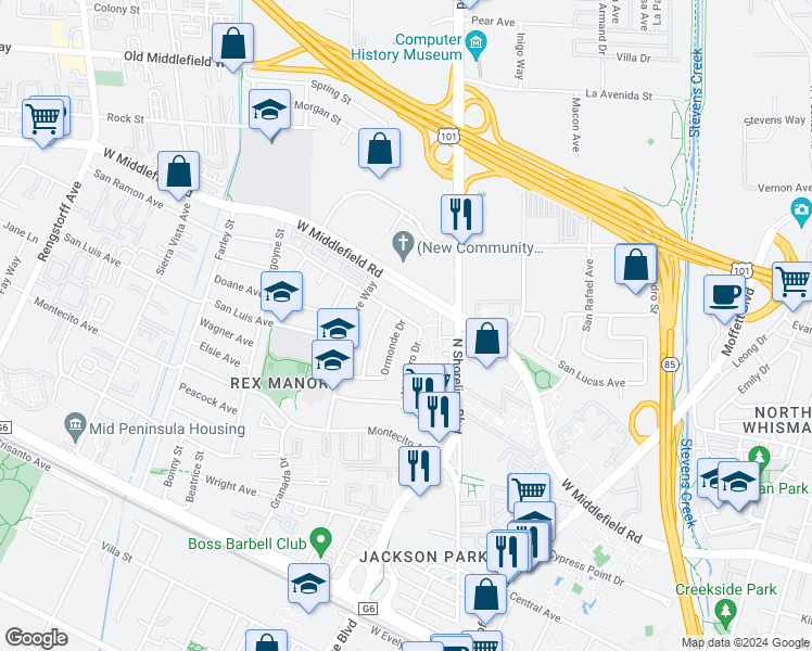 map of restaurants, bars, coffee shops, grocery stores, and more near 961 Ormonde Drive in Mountain View