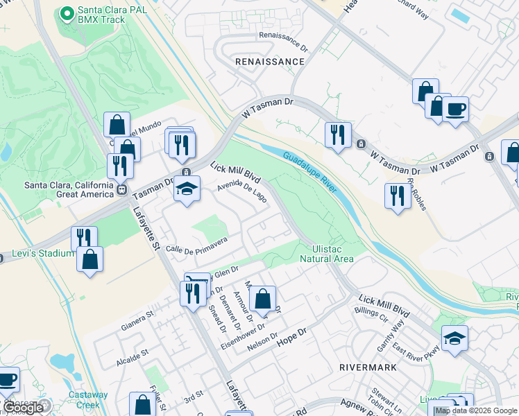 map of restaurants, bars, coffee shops, grocery stores, and more near 4901 Avenida De Carmen in Santa Clara