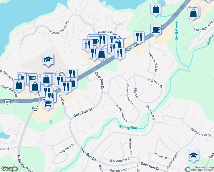 map of restaurants, bars, coffee shops, grocery stores, and more near 7617 Velvet Antler Drive in Midlothian