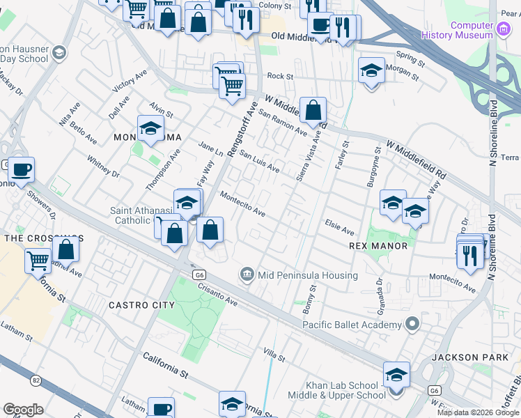 map of restaurants, bars, coffee shops, grocery stores, and more near 1972 Montecito Avenue in Mountain View