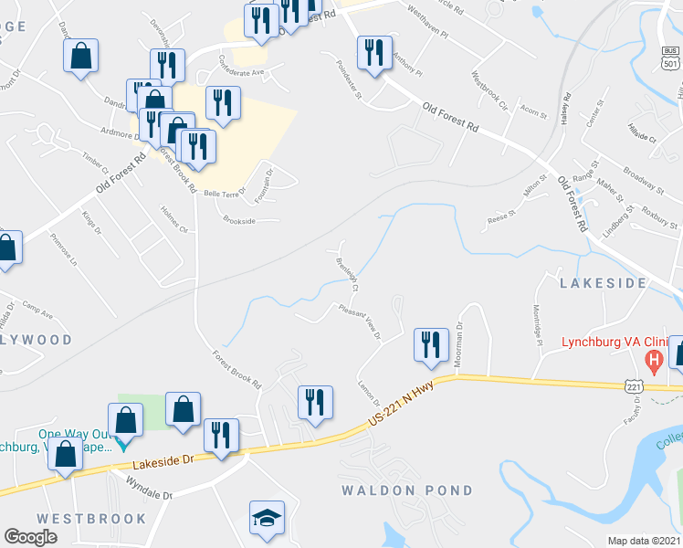 map of restaurants, bars, coffee shops, grocery stores, and more near 103 Brenleigh Court in Lynchburg