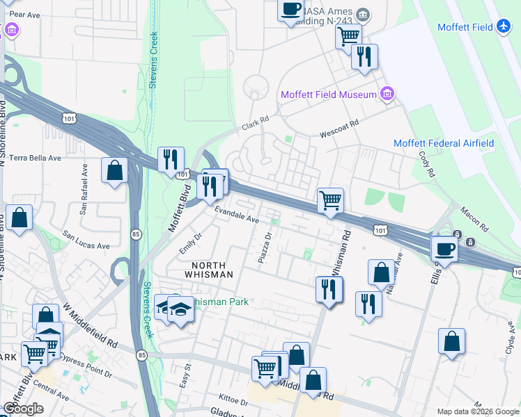 map of restaurants, bars, coffee shops, grocery stores, and more near 631 Cinnamon Circle in Mountain View