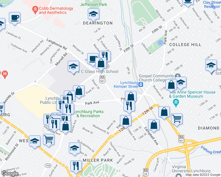 map of restaurants, bars, coffee shops, grocery stores, and more near 2914 Langhorne Road in Lynchburg