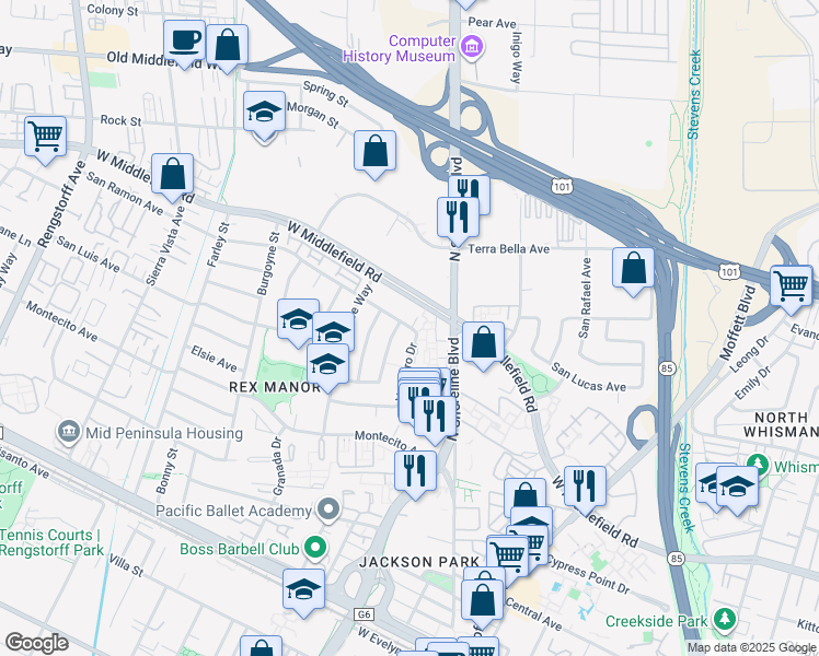 map of restaurants, bars, coffee shops, grocery stores, and more near 931 Ormonde Drive in Mountain View