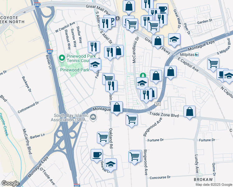 map of restaurants, bars, coffee shops, grocery stores, and more near 69 Ede Lane in Milpitas