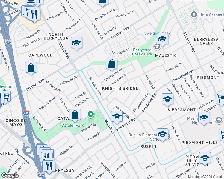 map of restaurants, bars, coffee shops, grocery stores, and more near 2990 Knights Bridge Road in San Jose