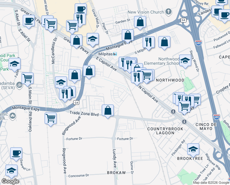 map of restaurants, bars, coffee shops, grocery stores, and more near 1901 Tarob Court in Milpitas